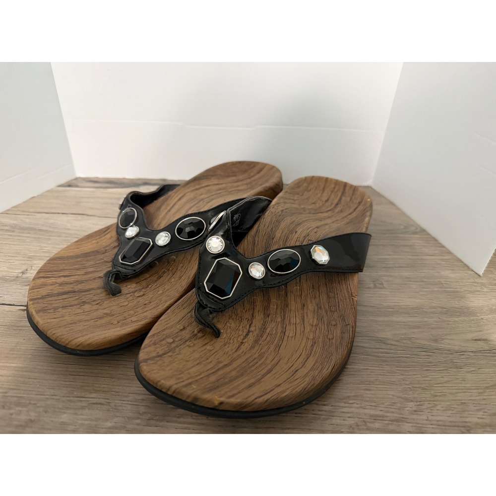Vionic Eve Jewled Black Leather Slip On Sandals Shoes Womens Size 8 Ortho